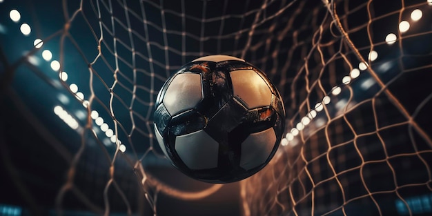 Il pallone da calcio colpisce la rete per un gol generato dall'IA