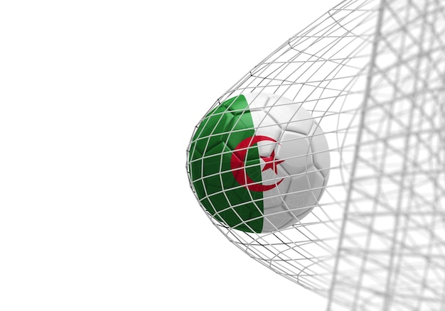 Il pallone da calcio della bandiera dell'Algeria segna un gol in una rete