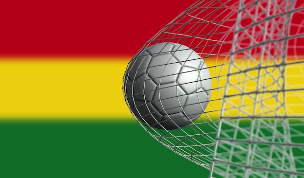 Il pallone da calcio segna un gol in una rete contro il rendering 3D della bandiera della Bolivia
