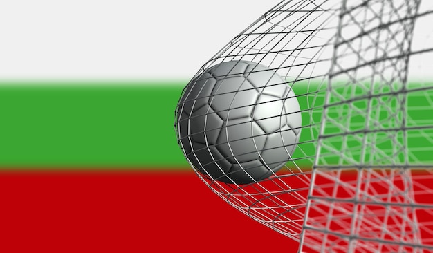 Il pallone da calcio segna un gol in una rete contro il rendering 3D della bandiera della Bulgaria