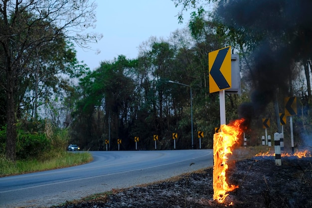 Il palo del pilastro lungo la strada sta bruciando con le fiamme e c'è del fumo che sale dall'incendio causato da un incendio