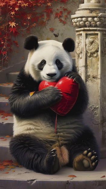 Il panda abbraccia un cuore rosso