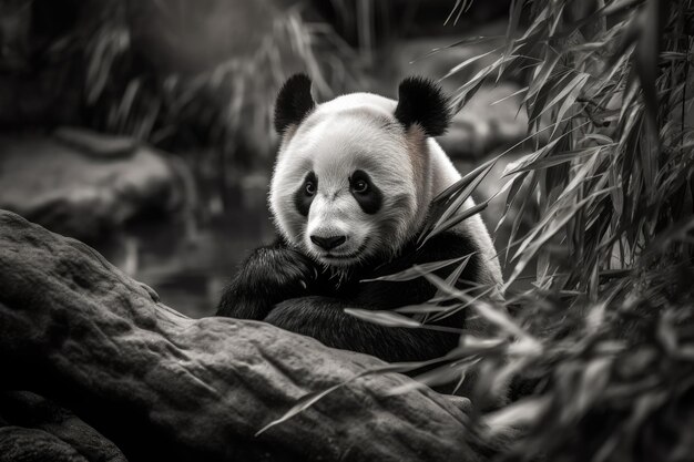 Il panda coccoloso abbraccia il ramo in mezzo al boschetto di bambù IA generativo