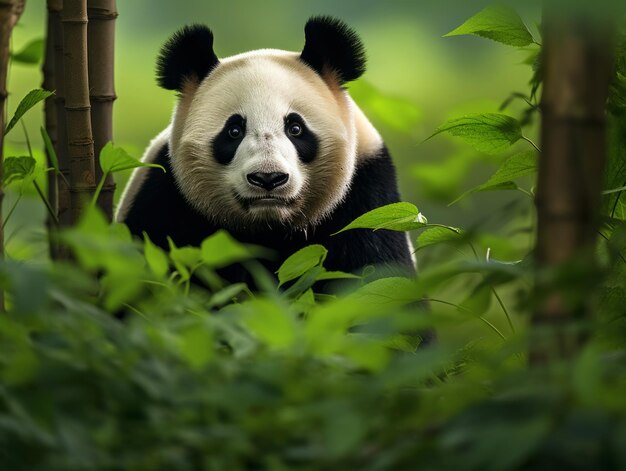 Il panda emerge da un fitto cespuglio di bambù