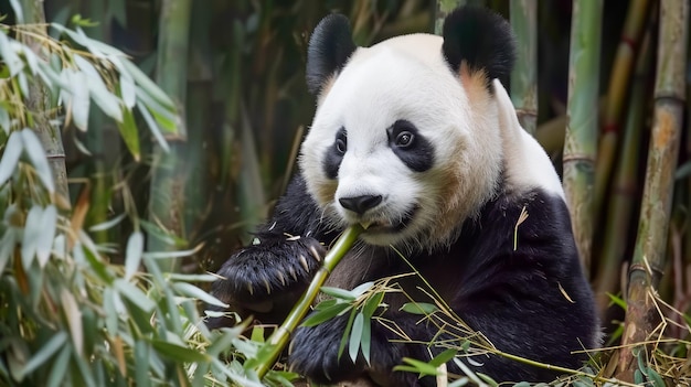 Il panda gigante adulto Ailuropoda melanoleuca mangia bambù nell'habitat della foresta lussureggiante affascinante