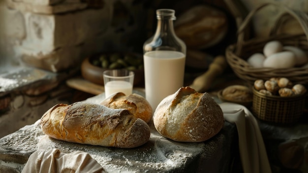 Il pane artigianale e la bottiglia di latte evocano un'atmosfera mattutina serena e rustica