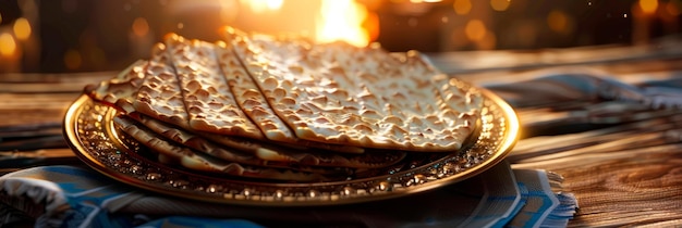 Il pane di matzah esposto su un piatto decorativo che simboleggia il pane senza lievito mangiato durante la Pasqua Generative AI