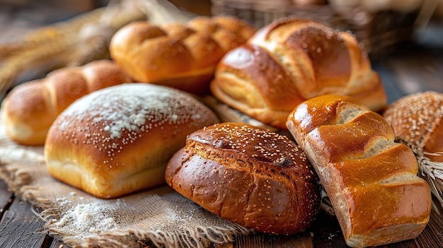 Il pane di panetteria esposto su un tavolo di legno