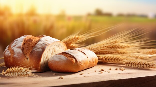 Il pane fresco poggia su una superficie di legno contro un campo di grano sullo sfondo