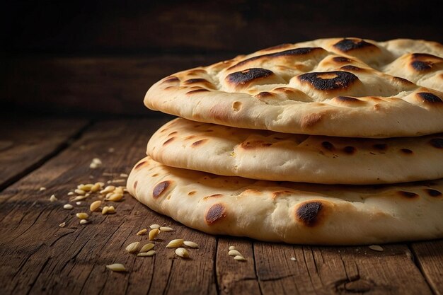 Il pane naan impilato su un tavolo rustico