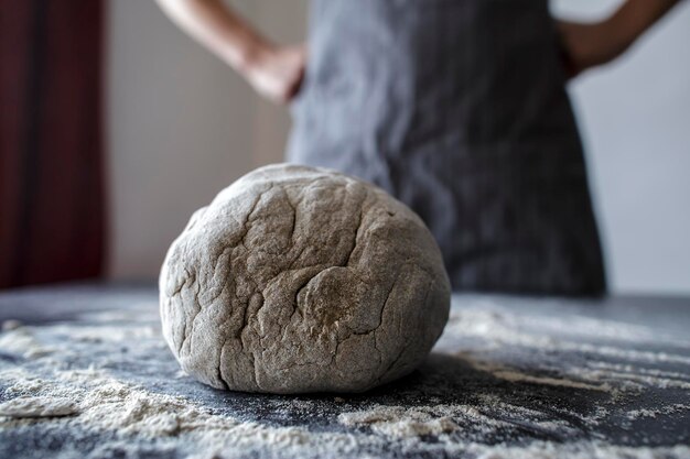 Il panettiere posa con le mani sui fianchi soddisfatto e orgoglioso che fa il suo lavoro e impasta la pasta su un tavolo nero