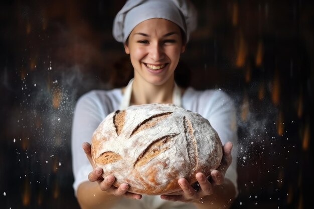 Il panettiere sta preparando nel forno pane fresco a base di lievito con un pasticcio di farina sul tavolo Generative Ai