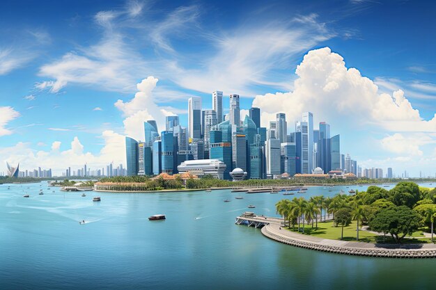 Il panorama blu del lungomare della città di Singapore e il paesaggio degli edifici