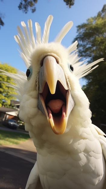 Il pappagallo coccodrillo tocca la telecamera per fare un selfie.