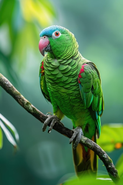 Il pappagallo dagli occhi azzurri su un ramo sottile in mezzo al fogliame verde