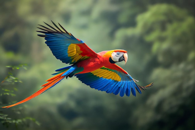 Il pappagallo di Macao si siede su un ramo Ara nella foresta tropicale Natura scena della fauna selvatica Concetto di fauna selvatica