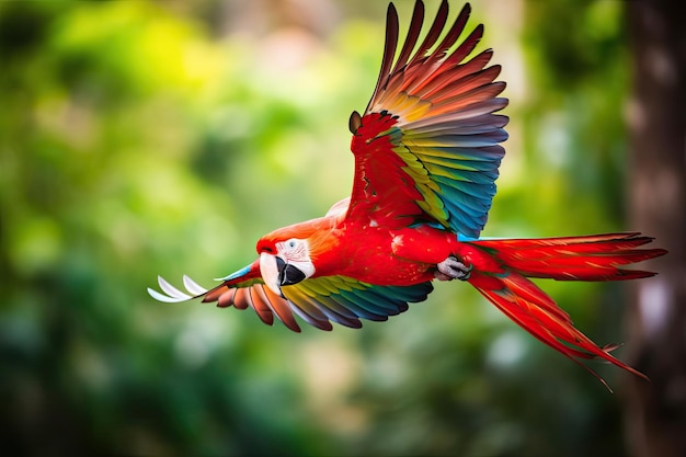 Il pappagallo macao colorato che vola nella foresta pluviale tropicale Una foto di un uccello rosso nella giungla