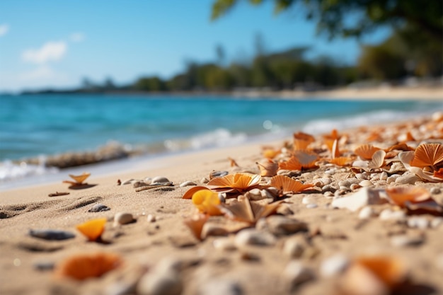 Il paradiso tropicale, la sabbia e le spiagge di palme sfocate raffigurano il concetto di viaggio estivo.