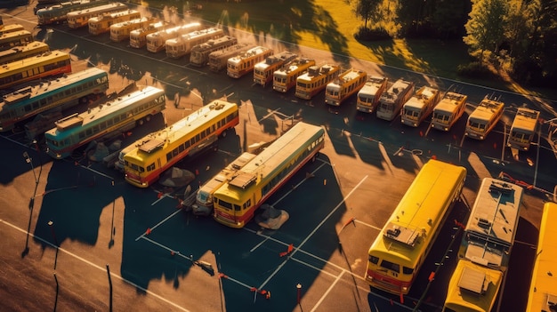 Il parcheggio dell'autobus scolastico sta preparando tutto per tornare a scuola per prendere tutti gli studenti