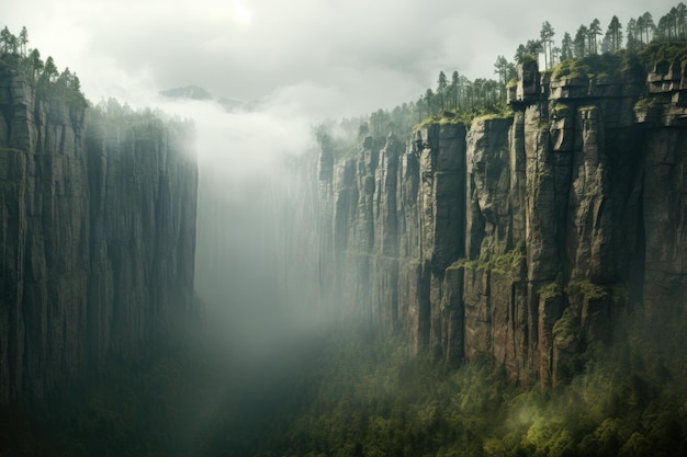 Il Parco Forestale Nazionale di Zhangjiajie Provincia di Hunan Cina alta scogliera sormontata da una densa foresta alta il deserto corrotto terre sotto uno strato basso di nuvole oscura il terreno AI generato