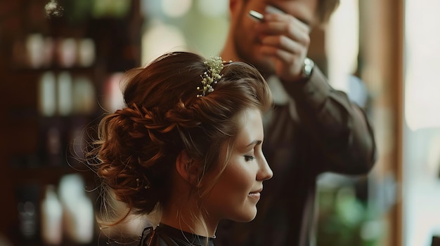 Il parrucchiere sta facendo una bella acconciatura per una giovane donna la donna sta sorridendo e guardandosi allo specchio