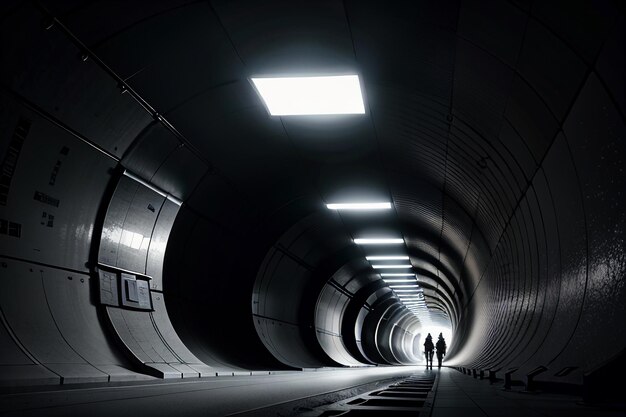 Il passaggio sotterraneo del tunnel lungo e lontano con luci della scena di ripresa in stile bianco e nero