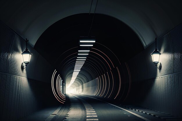 Il passaggio sotterraneo del tunnel lungo e lontano con luci della scena di ripresa in stile bianco e nero