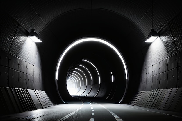 Il passaggio sotterraneo del tunnel lungo e lontano con luci della scena di ripresa in stile bianco e nero