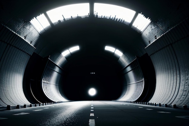 Il passaggio sotterraneo del tunnel lungo e lontano con luci della scena di ripresa in stile bianco e nero