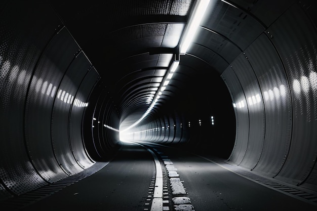 Il passaggio sotterraneo del tunnel lungo e lontano con luci della scena di ripresa in stile bianco e nero