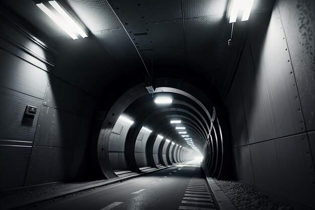 Il passaggio sotterraneo del tunnel lungo e lontano con luci della scena di ripresa in stile bianco e nero