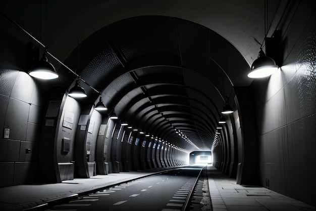 Il passaggio sotterraneo del tunnel lungo e lontano con luci della scena di ripresa in stile bianco e nero