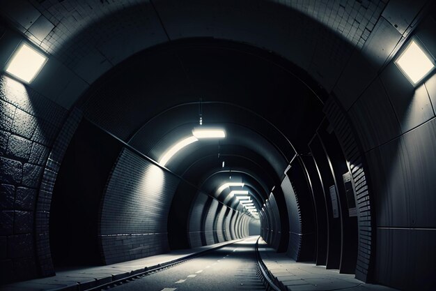 Il passaggio sotterraneo del tunnel lungo e lontano con luci della scena di ripresa in stile bianco e nero