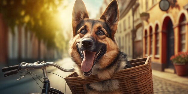 Il pastore tedesco si diverte a fare un giro in bicicletta la mattina del sole in estate sulla strada della città