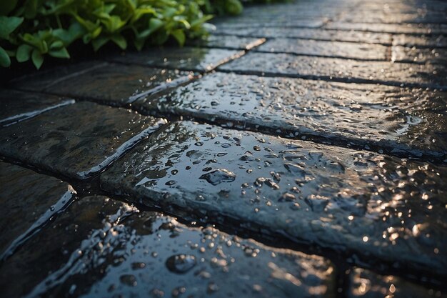 Il patio di pietra bagnata dalla pioggia