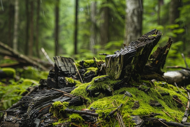 Il pavimento della foresta di muschio con il tronco dell'albero caduto