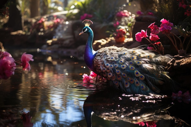 Il pavone reale mostra un piumaggio esotico nel sereno giardino generativo IA