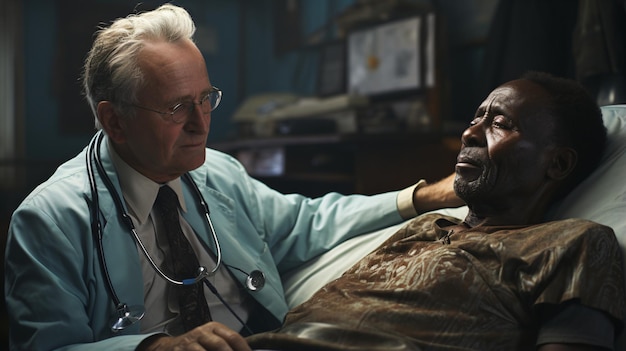 Il paziente africano riceve un esame esperto della pancia da un medico anziano