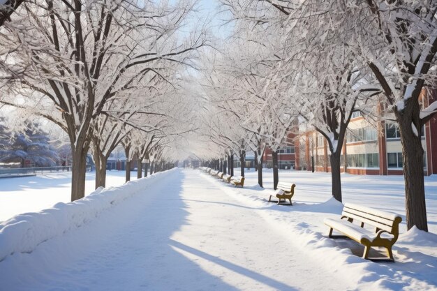 Il percorso del campus coperto di neve in inverno