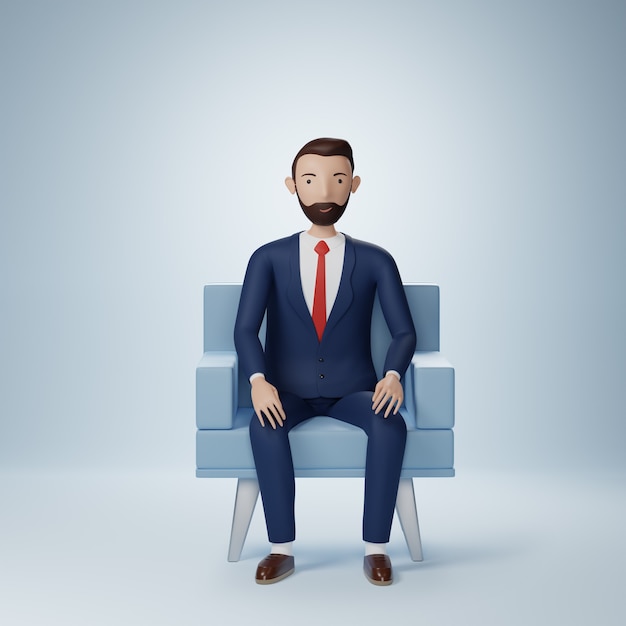 Il personaggio dei cartoni animati dell'uomo d'affari si siede in una poltrona isolata