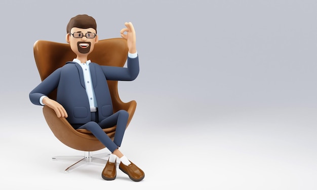 Il personaggio dei cartoni animati si siede su una sedia e mostra un'illustrazione 3D del gesto giusto