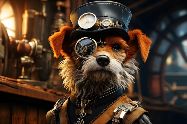 Il personaggio del cane indossa un cappello e occhiali di protezione in un costume di steampunkera con macchinari a vapore