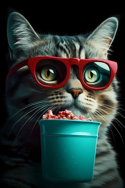 Il personaggio del gatto indossa gli occhiali. Mangia popcorn.