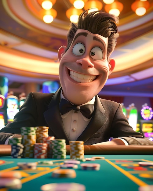 Il personaggio del giocatore del casinò è illustrato con un film d'animazione in stile cartone animato realistico 3D