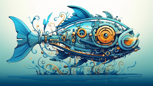 Il pesce sottomarino meccanico è nell'estratto blu dell'acqua dell'oceano