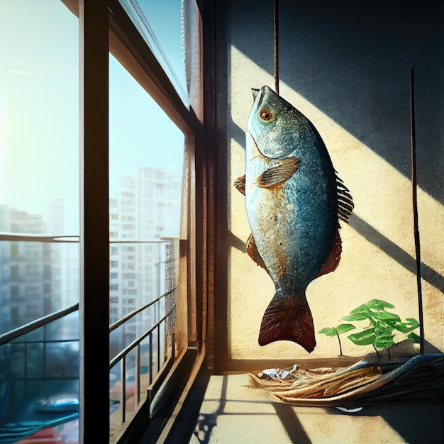 Il pesce viene essiccato sul balcone di casa Generative AI