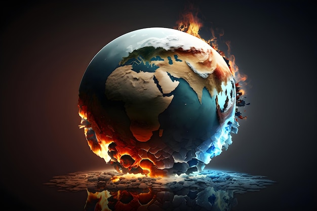 Il pianeta è in fiamme Illustrazione sul riscaldamento globale e il cambiamento climatico IA generativa 1