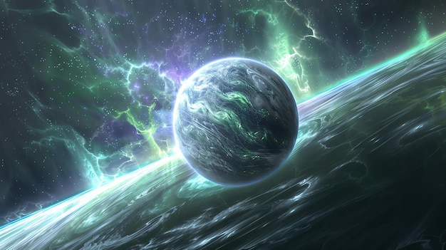 Il pianeta è una sfera blu e verde con un'atmosfera luminosa è circondato da un mare di stelle e una nebulosa verde