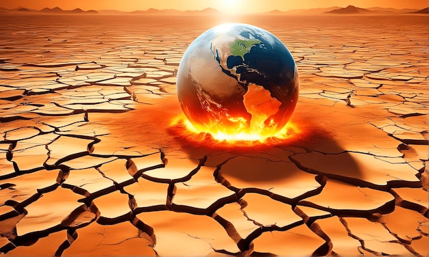 Il pianeta Terra in fiamme su un terreno arido desertico per il riscaldamento globale e il concetto di ebollizione