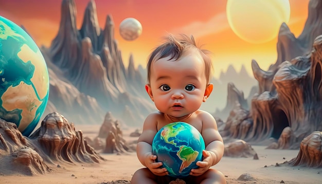 Il pianeta Terra nelle mani dei bambini di un bellissimo bambino toccante